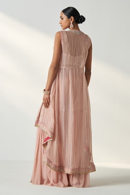 Shop_Studio Bagechaa_Pink Organza, Georgette, Cotton Embroidery, Sequins High Low Cape Gharara Set _at_Aza_Fashions