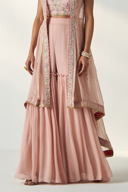 Studio Bagechaa_Pink Organza, Georgette, Cotton Embroidery, Sequins High Low Cape Gharara Set _Online_at_Aza_Fashions
