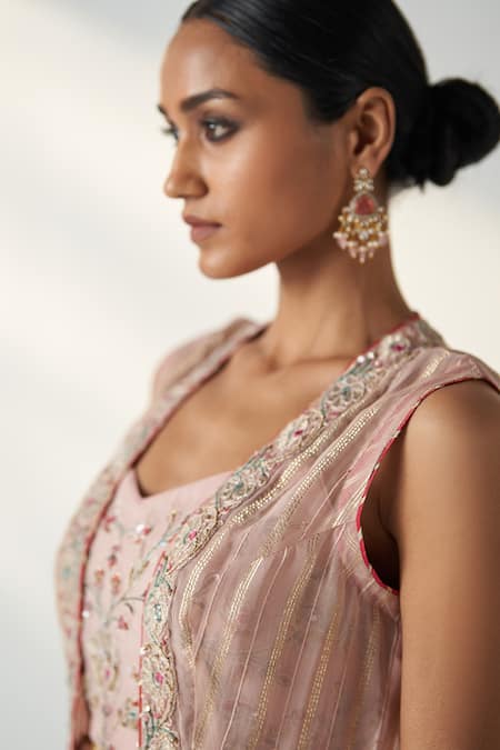 Buy_Studio Bagechaa_Pink Organza, Georgette, Cotton Embroidery, Sequins High Low Cape Gharara Set _Online_at_Aza_Fashions