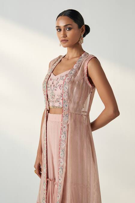 Shop_Studio Bagechaa_Pink Organza, Georgette, Cotton Embroidery, Sequins High Low Cape Gharara Set _Online_at_Aza_Fashions