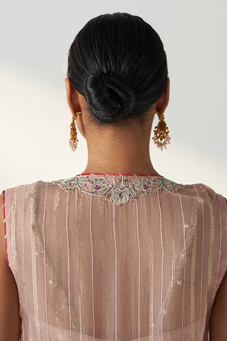 Studio Bagechaa_Pink Organza, Georgette, Cotton Embroidery, Sequins High Low Cape Gharara Set _at_Aza_Fashions