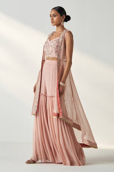 Buy_Studio Bagechaa_Pink Organza, Georgette, Cotton Embroidery, Sequins High Low Cape Gharara Set 