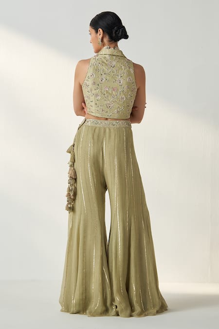 Shop Studio Bagechaa Green Chanderi, Cotton Embroidery, Tassels Ridhi Floral Gilet And Gharara Set at Aza Fashions Shop_Studio Bagechaa_Green Chanderi, Cotton Embroidery, Tassels Ridhi Floral Gilet And Gharara Set _at_Aza_Fashions