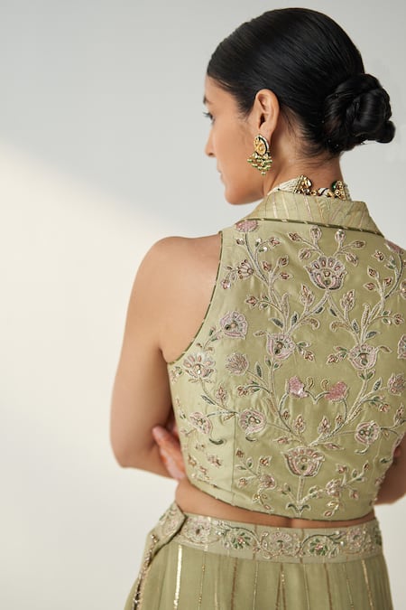 Buy Studio Bagechaa Green Chanderi, Cotton Embroidery, Tassels Ridhi Floral Gilet And Gharara Set Online at Aza Fashions Buy_Studio Bagechaa_Green Chanderi, Cotton Embroidery, Tassels Ridhi Floral Gilet And Gharara Set _Online_at_Aza_Fashions