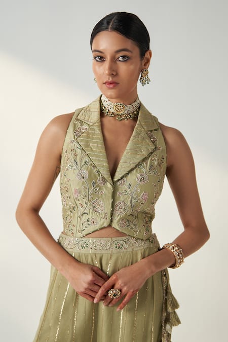 Shop Studio Bagechaa Green Chanderi, Cotton Embroidery, Tassels Ridhi Floral Gilet And Gharara Set Online at Aza Fashions Shop_Studio Bagechaa_Green Chanderi, Cotton Embroidery, Tassels Ridhi Floral Gilet And Gharara Set _Online_at_Aza_Fashions