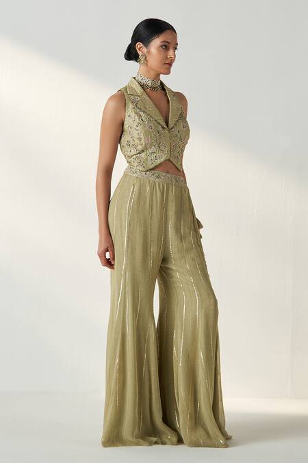 Studio Bagechaa Green Chanderi, Cotton Embroidery, Tassels Ridhi Floral Gilet And Gharara Set at Aza Fashions Studio Bagechaa_Green Chanderi, Cotton Embroidery, Tassels Ridhi Floral Gilet And Gharara Set _at_Aza_Fashions