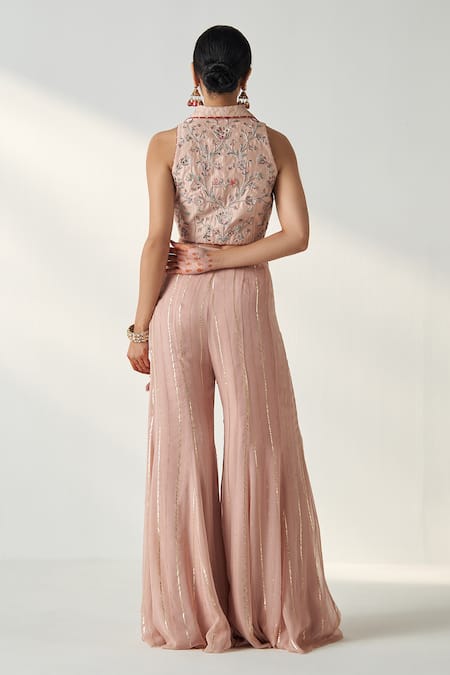 Shop Studio Bagechaa Pink Chanderi, Cotton Tassels, Embroidery Ridhi Gilet And Gharara Set at Aza Fashions Shop_Studio Bagechaa_Pink Chanderi, Cotton Tassels, Embroidery Ridhi Gilet And Gharara Set _at_Aza_Fashions