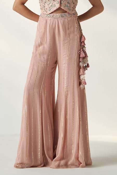 Studio Bagechaa Pink Chanderi, Cotton Tassels, Embroidery Ridhi Gilet And Gharara Set Online at Aza Fashions Studio Bagechaa_Pink Chanderi, Cotton Tassels, Embroidery Ridhi Gilet And Gharara Set _Online_at_Aza_Fashions