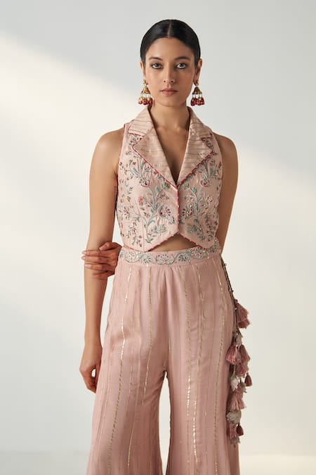 Studio Bagechaa Pink Chanderi, Cotton Tassels, Embroidery Ridhi Gilet And Gharara Set at Aza Fashions Studio Bagechaa_Pink Chanderi, Cotton Tassels, Embroidery Ridhi Gilet And Gharara Set _at_Aza_Fashions