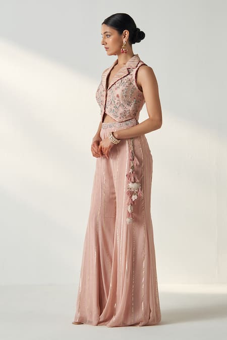 Buy Studio Bagechaa Pink Chanderi, Cotton Tassels, Embroidery Ridhi Gilet And Gharara Set Buy_Studio Bagechaa_Pink Chanderi, Cotton Tassels, Embroidery Ridhi Gilet And Gharara Set