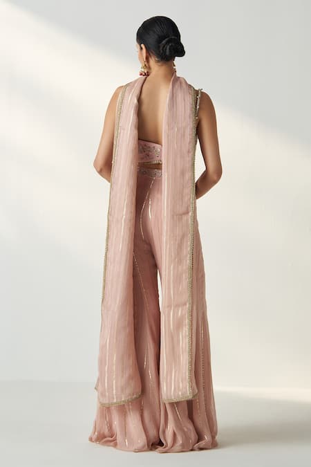 Shop_Studio Bagechaa_Pink Organza, Georgette, Cotton Sequins, Cut Osha Embroidered Blouse Sharara Set _at_Aza_Fashions