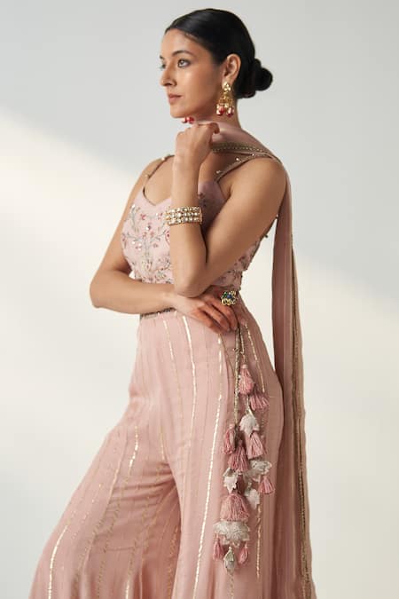 Studio Bagechaa_Pink Organza, Georgette, Cotton Sequins, Cut Osha Embroidered Blouse Sharara Set _at_Aza_Fashions