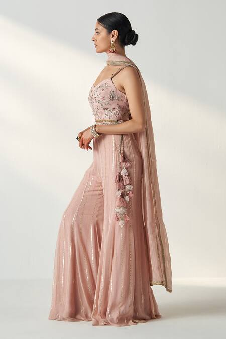 Buy_Studio Bagechaa_Pink Organza, Georgette, Cotton Sequins, Cut Osha Embroidered Blouse Sharara Set 