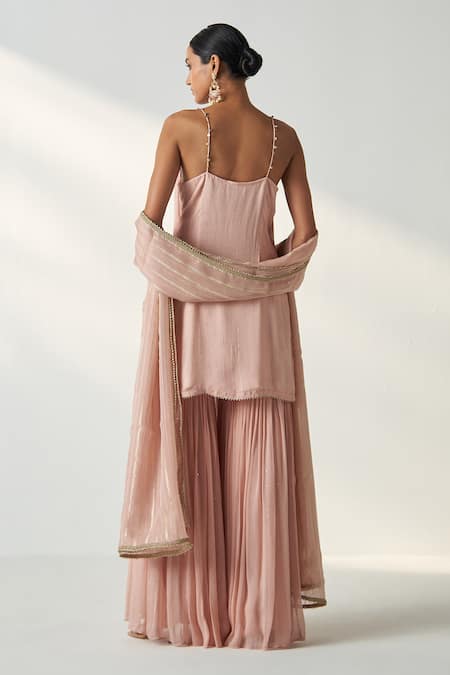 Shop Studio Bagechaa Pink Organza, Georgette, Cotton Gota Pakhi Embroidered Short Kurta Sharara Set at Aza Fashions Shop_Studio Bagechaa_Pink Organza, Georgette, Cotton Gota Pakhi Embroidered Short Kurta Sharara Set _at_Aza_Fashions