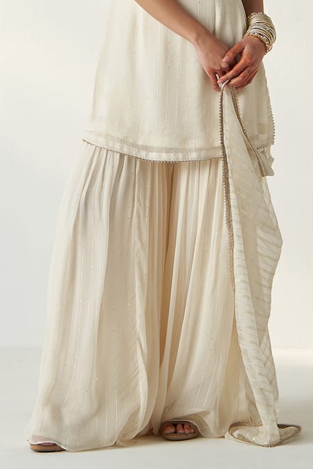 Studio Bagechaa Ivory Georgette, Organza, Cotton Sequins, Pakhi Embroidered Kurta Sharara Set Online at Aza Fashions Studio Bagechaa_Ivory Georgette, Organza, Cotton Sequins, Pakhi Embroidered Kurta Sharara Set _Online_at_Aza_Fashions