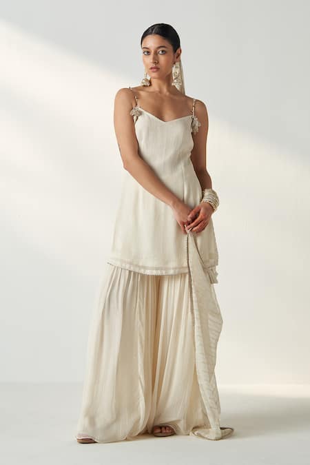 Studio Bagechaa Ivory Georgette, Organza, Cotton Sequins, Pakhi Embroidered Kurta Sharara Set at Aza Fashions Studio Bagechaa_Ivory Georgette, Organza, Cotton Sequins, Pakhi Embroidered Kurta Sharara Set _at_Aza_Fashions