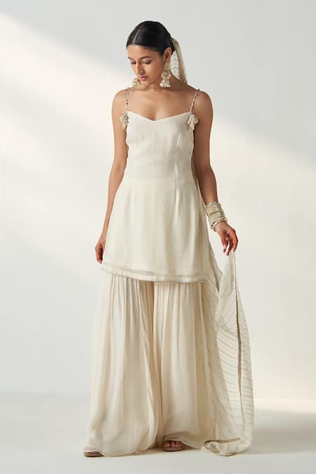 Buy Studio Bagechaa Ivory Georgette, Organza, Cotton Sequins, Pakhi Embroidered Kurta Sharara Set Buy_Studio Bagechaa_Ivory Georgette, Organza, Cotton Sequins, Pakhi Embroidered Kurta Sharara Set