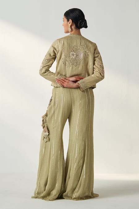 Shop Studio Bagechaa Green Georgette, Chanderi, Cotton Sadhana Gardenia Jacket Palazzo Set at Aza Fashions Shop_Studio Bagechaa_Green Georgette, Chanderi, Cotton Sadhana Gardenia Jacket Palazzo Set _at_Aza_Fashions