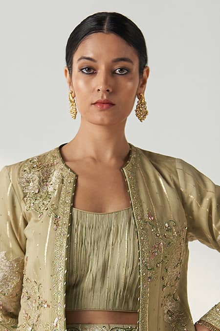 Studio Bagechaa Green Georgette, Chanderi, Cotton Sadhana Gardenia Jacket Palazzo Set Online at Aza Fashions Studio Bagechaa_Green Georgette, Chanderi, Cotton Sadhana Gardenia Jacket Palazzo Set _Online_at_Aza_Fashions