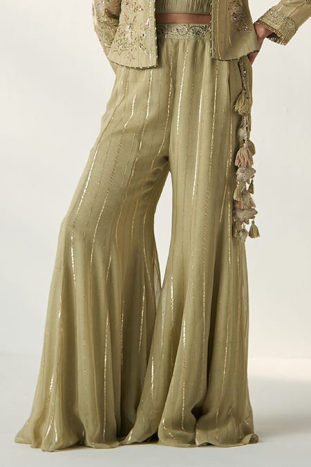 Buy Studio Bagechaa Green Georgette, Chanderi, Cotton Sadhana Gardenia Jacket Palazzo Set Online at Aza Fashions Buy_Studio Bagechaa_Green Georgette, Chanderi, Cotton Sadhana Gardenia Jacket Palazzo Set _Online_at_Aza_Fashions