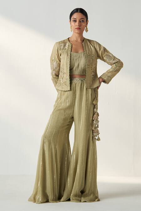 Studio Bagechaa Green Georgette, Chanderi, Cotton Sadhana Gardenia Jacket Palazzo Set at Aza Fashions Studio Bagechaa_Green Georgette, Chanderi, Cotton Sadhana Gardenia Jacket Palazzo Set _at_Aza_Fashions