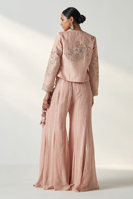 Shop Studio Bagechaa Pink Chanderi, Cotton, Georgette Embroidery, Sadhana Garden Jacket Palazzo Set at Aza Fashions Shop_Studio Bagechaa_Pink Chanderi, Cotton, Georgette Embroidery, Sadhana Garden Jacket Palazzo Set _at_Aza_Fashions