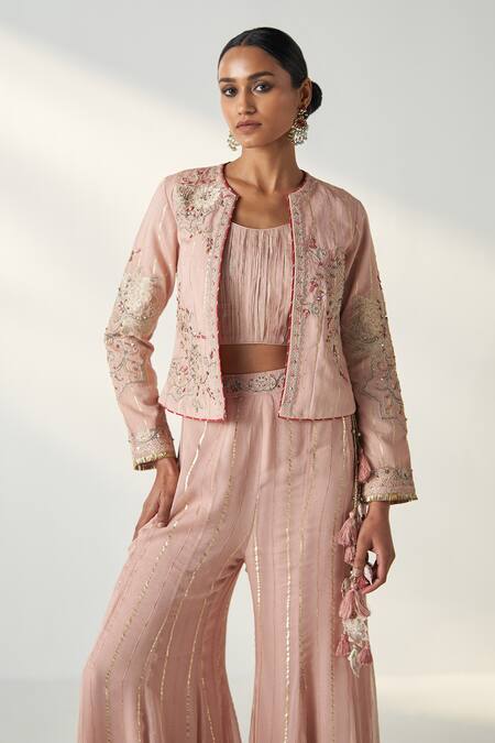 Buy Studio Bagechaa Pink Chanderi, Cotton, Georgette Embroidery, Sadhana Garden Jacket Palazzo Set Online at Aza Fashions Buy_Studio Bagechaa_Pink Chanderi, Cotton, Georgette Embroidery, Sadhana Garden Jacket Palazzo Set _Online_at_Aza_Fashions