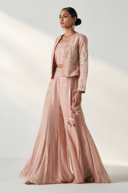 Studio Bagechaa Pink Chanderi, Cotton, Georgette Embroidery, Sadhana Garden Jacket Palazzo Set at Aza Fashions Studio Bagechaa_Pink Chanderi, Cotton, Georgette Embroidery, Sadhana Garden Jacket Palazzo Set _at_Aza_Fashions