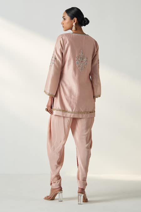 Shop Studio Bagechaa Pink Chanderi, Linen Embroidery Pihu Damask Short Kurta With Tulip Pant at Aza Fashions Shop_Studio Bagechaa_Pink Chanderi, Linen Embroidery Pihu Damask Short Kurta With Tulip Pant _at_Aza_Fashions