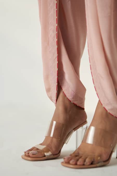 Studio Bagechaa Pink Chanderi, Linen Embroidery Pihu Damask Short Kurta With Tulip Pant Online at Aza Fashions Studio Bagechaa_Pink Chanderi, Linen Embroidery Pihu Damask Short Kurta With Tulip Pant _Online_at_Aza_Fashions