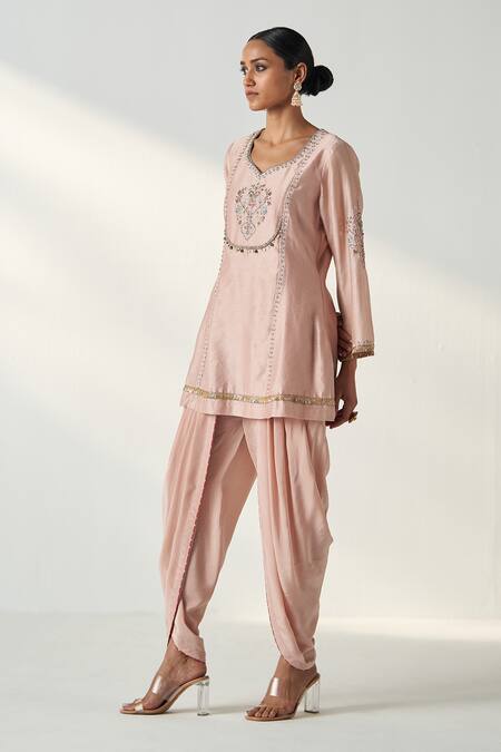 Buy Studio Bagechaa Pink Chanderi, Linen Embroidery Pihu Damask Short Kurta With Tulip Pant Online at Aza Fashions Buy_Studio Bagechaa_Pink Chanderi, Linen Embroidery Pihu Damask Short Kurta With Tulip Pant _Online_at_Aza_Fashions