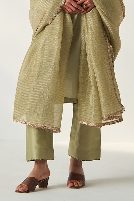 Studio Bagechaa_Green Chanderi, Cotton Sequins Roop Gullista Dori Embroidered Kurta Pant Set _Online_at_Aza_Fashions