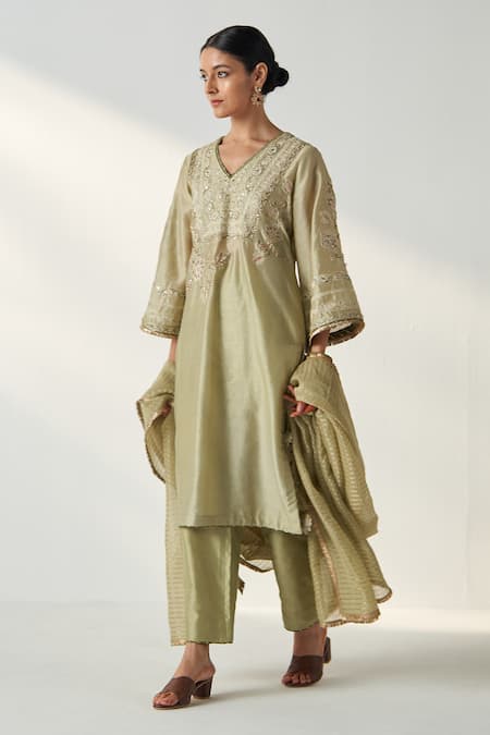 Shop_Studio Bagechaa_Green Chanderi, Cotton Sequins Roop Gullista Dori Embroidered Kurta Pant Set _Online_at_Aza_Fashions
