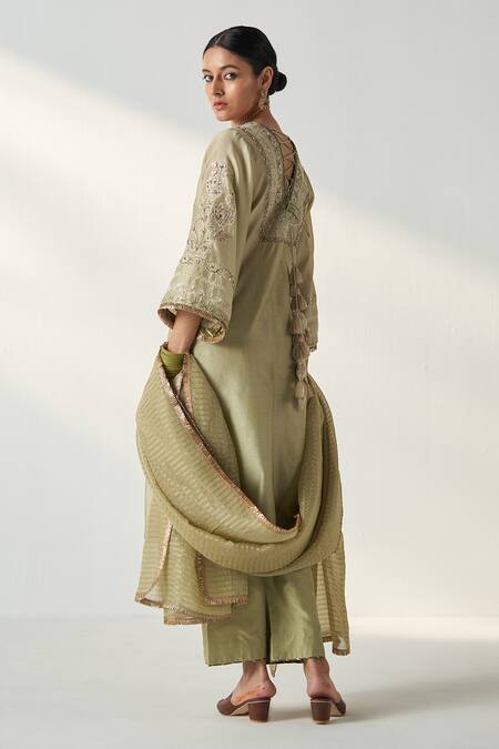Studio Bagechaa_Green Chanderi, Cotton Sequins Roop Gullista Dori Embroidered Kurta Pant Set _at_Aza_Fashions