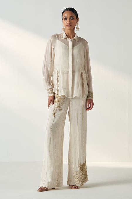 Studio Bagechaa Ivory Georgette Embroidery Ambrosia Collar Neck Vani Shirt Pant Set 