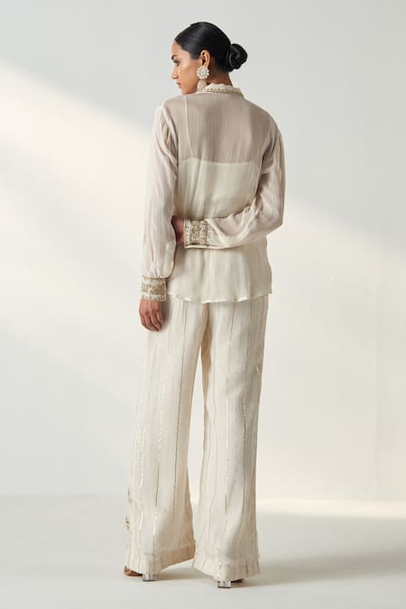 Shop Studio Bagechaa Ivory Georgette, Silk, Cotton Sequins, Embroidery Vani Ambrosia Shirt Pant Set at Aza Fashions Shop_Studio Bagechaa_Ivory Georgette, Silk, Cotton Sequins, Embroidery Vani Ambrosia Shirt Pant Set _at_Aza_Fashions