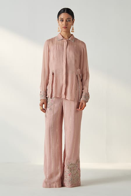 Studio Bagechaa Pink Georgette Embroidery Ambrosia Collar Neck Vani Blossom Era Shirt Pant Set 