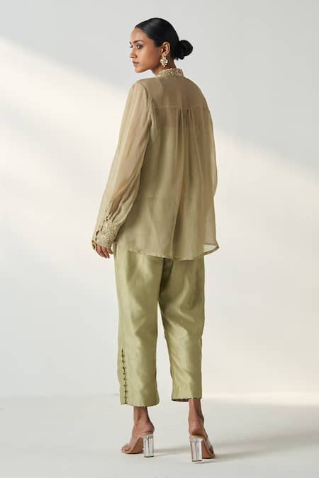 Shop Studio Bagechaa Green Organza, Cotton Embroidery Collared Oorvi Wildbloom Shirt Pant Set at Aza Fashions Shop_Studio Bagechaa_Green Organza, Cotton Embroidery Collared Oorvi Wildbloom Shirt Pant Set _at_Aza_Fashions