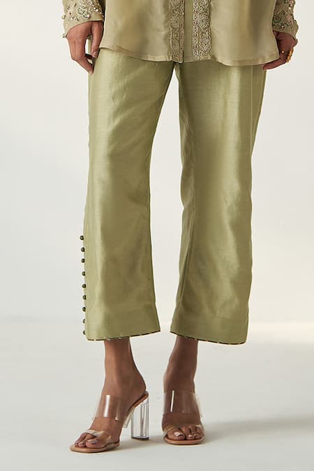 Studio Bagechaa Green Organza, Cotton Embroidery Collared Oorvi Wildbloom Shirt Pant Set Online at Aza Fashions Studio Bagechaa_Green Organza, Cotton Embroidery Collared Oorvi Wildbloom Shirt Pant Set _Online_at_Aza_Fashions