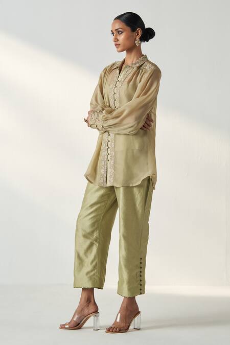 Buy Studio Bagechaa Green Organza, Cotton Embroidery Collared Oorvi Wildbloom Shirt Pant Set Online at Aza Fashions Buy_Studio Bagechaa_Green Organza, Cotton Embroidery Collared Oorvi Wildbloom Shirt Pant Set _Online_at_Aza_Fashions