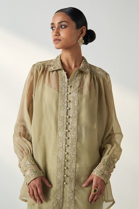 Shop Studio Bagechaa Green Organza, Cotton Embroidery Collared Oorvi Wildbloom Shirt Pant Set Online at Aza Fashions Shop_Studio Bagechaa_Green Organza, Cotton Embroidery Collared Oorvi Wildbloom Shirt Pant Set _Online_at_Aza_Fashions
