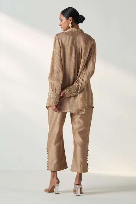 Shop Studio Bagechaa Beige Organza, Cotton Embroidery Collared Oorvi Wild Blossom Shirt Pant Set at Aza Fashions Shop_Studio Bagechaa_Beige Organza, Cotton Embroidery Collared Oorvi Wild Blossom Shirt Pant Set _at_Aza_Fashions