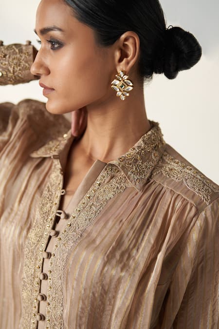 Buy Studio Bagechaa Beige Organza, Cotton Embroidery Collared Oorvi Wild Blossom Shirt Pant Set Online at Aza Fashions Buy_Studio Bagechaa_Beige Organza, Cotton Embroidery Collared Oorvi Wild Blossom Shirt Pant Set _Online_at_Aza_Fashions