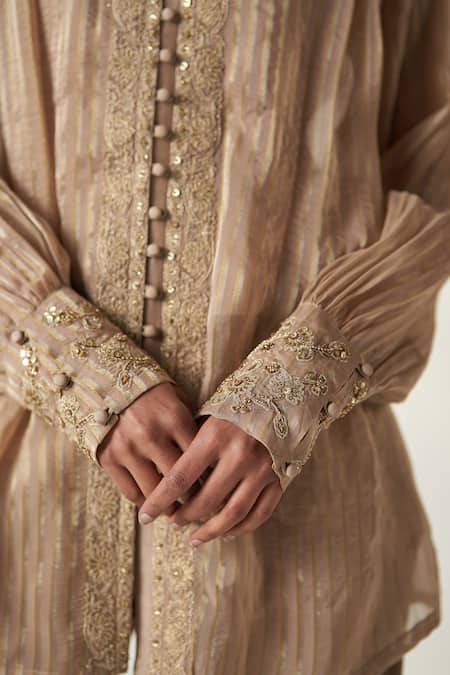 Shop Studio Bagechaa Beige Organza, Cotton Embroidery Collared Oorvi Wild Blossom Shirt Pant Set Online at Aza Fashions Shop_Studio Bagechaa_Beige Organza, Cotton Embroidery Collared Oorvi Wild Blossom Shirt Pant Set _Online_at_Aza_Fashions