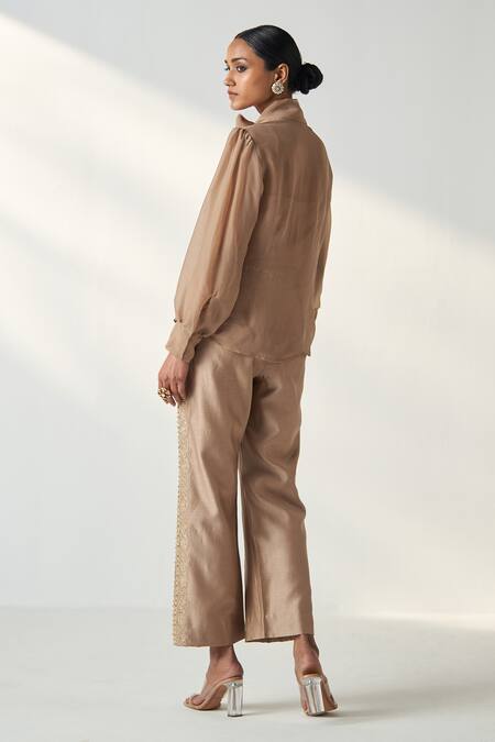 Shop Studio Bagechaa Beige Organza, Chanderi, Cotton Padma Bow Tie Up Collar Shirt Pant Set at Aza Fashions Shop_Studio Bagechaa_Beige Organza, Chanderi, Cotton Padma Bow Tie Up Collar Shirt Pant Set _at_Aza_Fashions