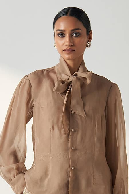 Studio Bagechaa Beige Organza, Chanderi, Cotton Padma Bow Tie Up Collar Shirt Pant Set Online at Aza Fashions Studio Bagechaa_Beige Organza, Chanderi, Cotton Padma Bow Tie Up Collar Shirt Pant Set _Online_at_Aza_Fashions