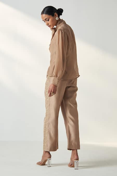 Buy Studio Bagechaa Beige Organza, Chanderi, Cotton Padma Bow Tie Up Collar Shirt Pant Set Online at Aza Fashions Buy_Studio Bagechaa_Beige Organza, Chanderi, Cotton Padma Bow Tie Up Collar Shirt Pant Set _Online_at_Aza_Fashions
