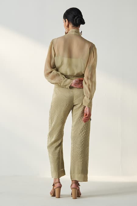 Shop Studio Bagechaa Green Chanderi, Organza, Cotton Padma Bow Tie Up Collar Shirt Pant Set at Aza Fashions Shop_Studio Bagechaa_Green Chanderi, Organza, Cotton Padma Bow Tie Up Collar Shirt Pant Set _at_Aza_Fashions