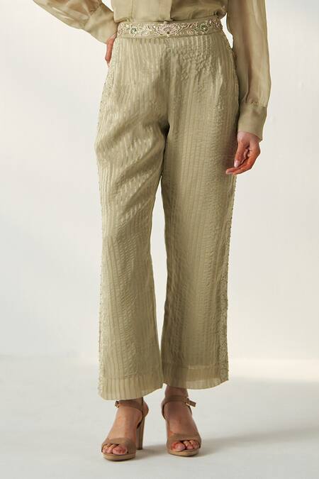 Studio Bagechaa Green Chanderi, Organza, Cotton Padma Bow Tie Up Collar Shirt Pant Set Online at Aza Fashions Studio Bagechaa_Green Chanderi, Organza, Cotton Padma Bow Tie Up Collar Shirt Pant Set _Online_at_Aza_Fashions