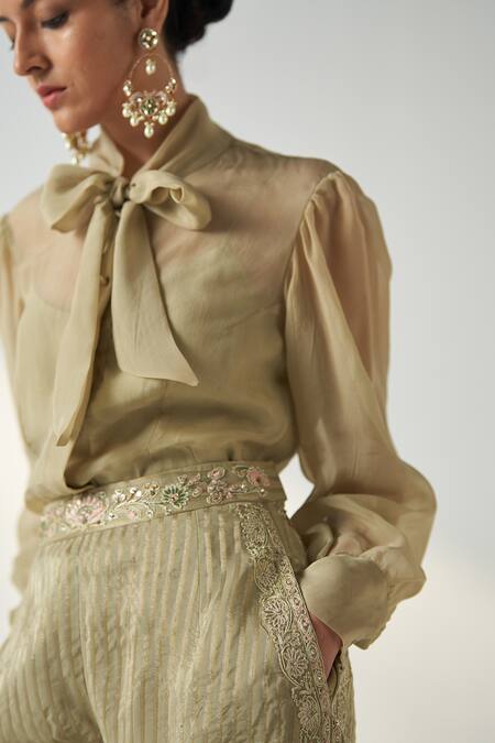 Buy Studio Bagechaa Green Chanderi, Organza, Cotton Padma Bow Tie Up Collar Shirt Pant Set Online at Aza Fashions Buy_Studio Bagechaa_Green Chanderi, Organza, Cotton Padma Bow Tie Up Collar Shirt Pant Set _Online_at_Aza_Fashions